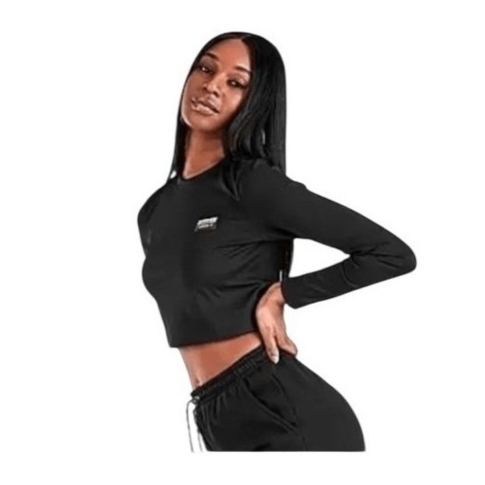 Adidas Ribbed Knit Top Black Athletic Cropped Long Sleeve Crewneck S  Adidas Ori
